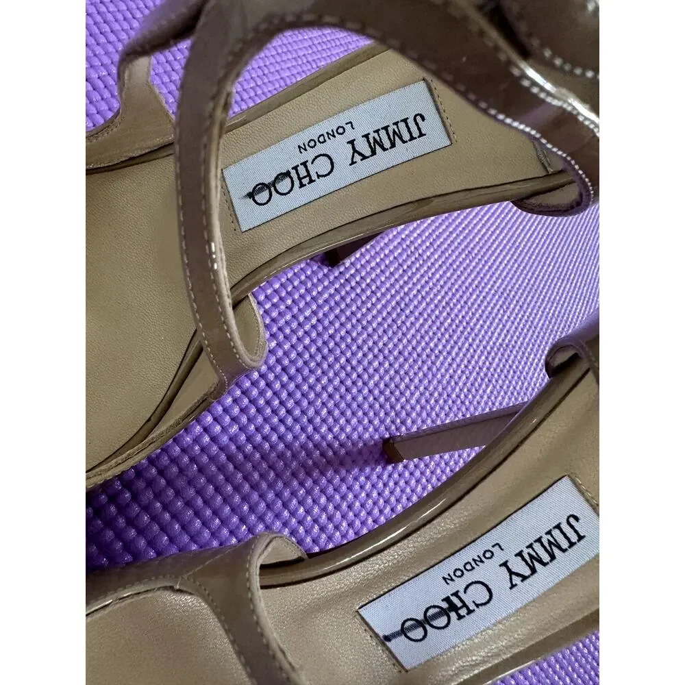 New Jimmy Choo Sandals Beige Patent leather Heels Size 37.5 Made in Italy